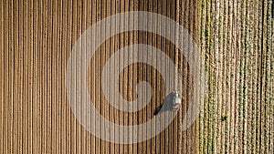 Tractor cultivating and harrowing field at spring season