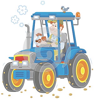 Tractor driver with a small dog