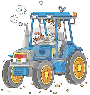 Tractor driver with a small dog