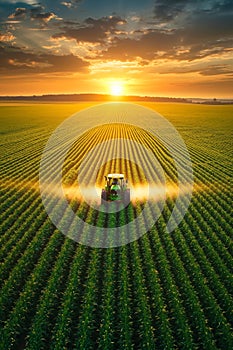 A tractor driving through a corn field at sunset