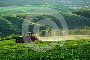 The tractor is driving in the field. Agrotechnics in the field working