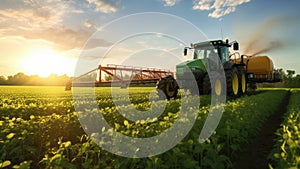 Tractor Driving Through Green Field - Agriculture, Farming Equipment, Rural Landscape Photo, Tractor spraying pesticides