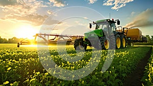 Tractor Driving Through Green Field - Agriculture, Farming Equipment, Rural Landscape Photo, Tractor spraying pesticides