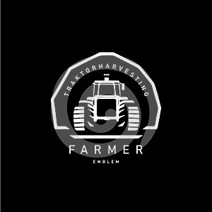 Tractor emblem, farm workhorse sign, agriculture logo, Fieldwork Machinery icon. Vector illustration.