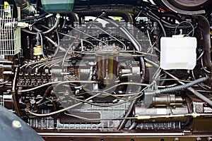 Tractor engine close-up. Agricultural Machinery Exhibition