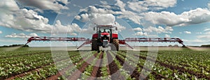 a tractor equipped with pesticide sprayers as it moves through a vast soybean field, its mechanical arms extending to