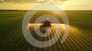 a tractor equipped with pesticide sprayers as it moves through a vast soybean field, its mechanical arms extending to