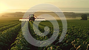 a tractor equipped with pesticide sprayers as it moves through a vast soybean field, its mechanical arms extending to