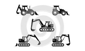 Tractor and excavator set illustration vector design