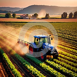 Tractor in farm field, working with crops, agriculture industry machinery