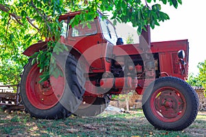 Tractor in a farmland. Horticulture concept