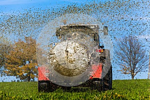 Tractor fertilizes with manure a field