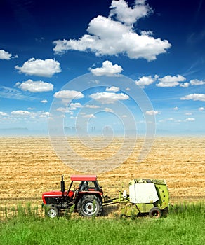 Tractor in the field in a blue sky day