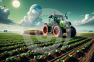 Tractor in a field planting vegetables in early spring.