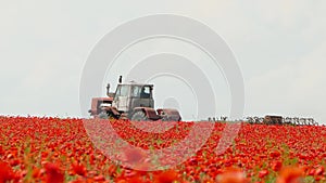 Tractor for a field with red flowers