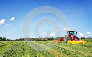 Tractor on the field, surrounded by storks