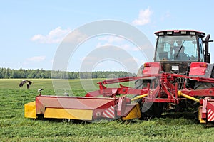 Tractor on the field, surrounded by storks