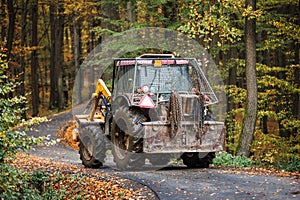 Tractor with grapple on road in forest. Lumber industry