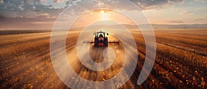 A tractor harvesting crops in a large field at sunset. Concept Agriculture, Farming, Sunset,