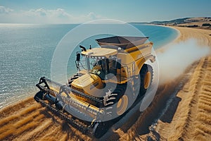 Tractor harvests in the field near sea in summer, aerial view