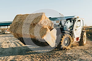 a tractor hauls bales of straw on its shovel