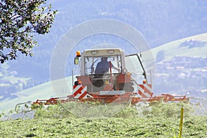 Tractor with hay tedder working on a mountain field