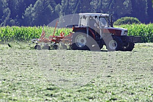 Tractor with hay tedder working on a mountain field