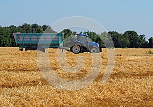 Tractor with a heavy trailer in a freshly cut hay field on a summer day