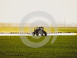 Tractor with the help of a sprayer liquid fertilizers on young wheat in the field