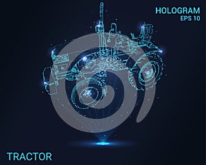 Tractor hologram. Holographic projection of the tractor. A flickering energy stream of particles. Scientific design minitractor