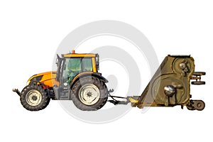 Tractor with an industrial lawn mower trailer drives along the airfield isolated white background