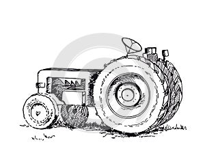 Tractor isolated on white background.. Line art style.