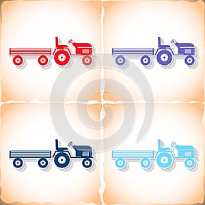 Tractor and large trailer. Flat sticker with shadow on old paper