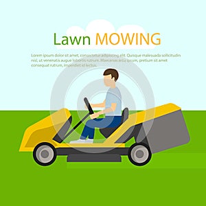 Tractor lawn mowing concept background, flat style