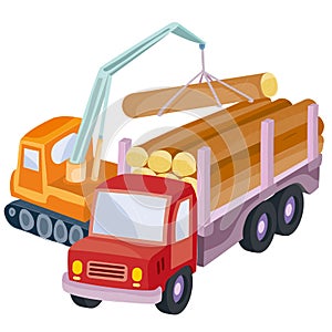 Tractor loads logs into a big special machine, isolated object on a white background, vector illustration, eps