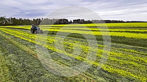 Tractor mowing green field