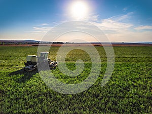 Tractor mowing green field