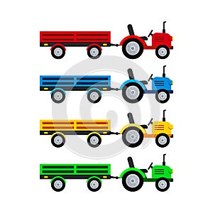 Tractor with open trailer farm vector set isolated on white background