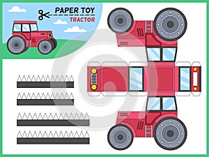 Tractor paper cut toy. Kids handmade educational game printable 3d paper model, worksheet with tractors elements photo