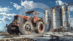 A tractor parked in front of large grain silos.
