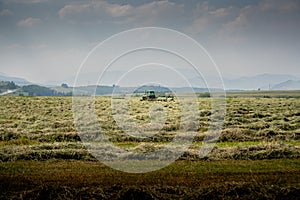 Tractor parked on a swathed farm field photo
