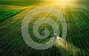 A tractor performing crop dusting tasks in a vast agricultural field, captured from a high vantage point.