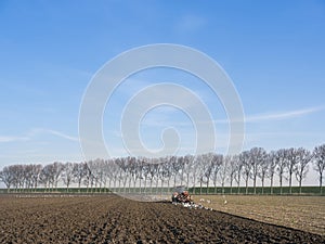 tractor with plough on field early spring in the netherlands on the island of goeree en overflakkee
