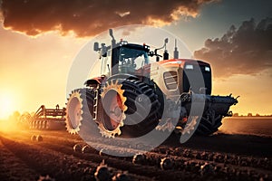 Tractor ploughs field. generative AI. Tractor in the field under sunset light