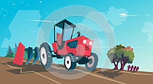 Tractor Plowing Field Farming Vector
