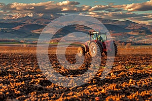 A tractor plowing a field in the mountains