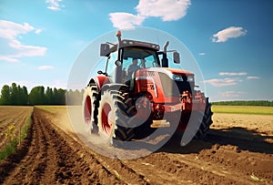 Tractor plowing field on sunny day