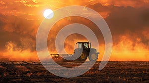 Tractor plowing field during sunset