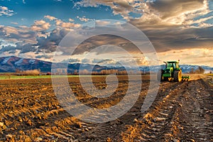 A tractor plowing a field at sunset