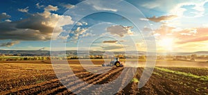 Tractor Plowing Field at Sunset